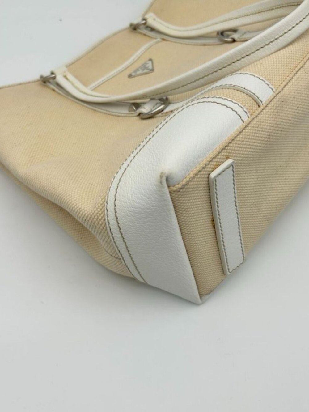 Prada Tote Shoulder Triangle Plate Logo Canvas Leather Beige - Picture 7 of 16